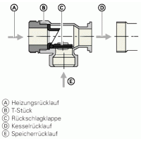 Тройник c обратным клапаном для подключения емкостного водонагревателя. G 1 1/2 x 1 1/4 x 1 1/2