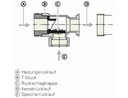 Тройник c обратным клапаном для подключения емкостного водонагревателя. G 1 1/2 x 1 1/4 x 1 1/2
